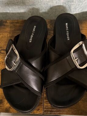 Marc Fisher Black Slide Sandals with Silver Buckles